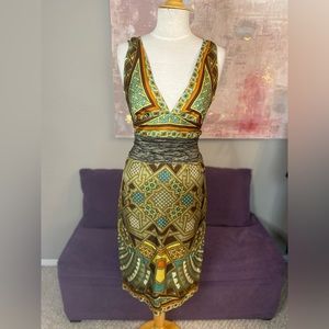 Nicole Miller‎ Collection Sheath 100% Silk Olive Green and Earth Tones Size 4 💐